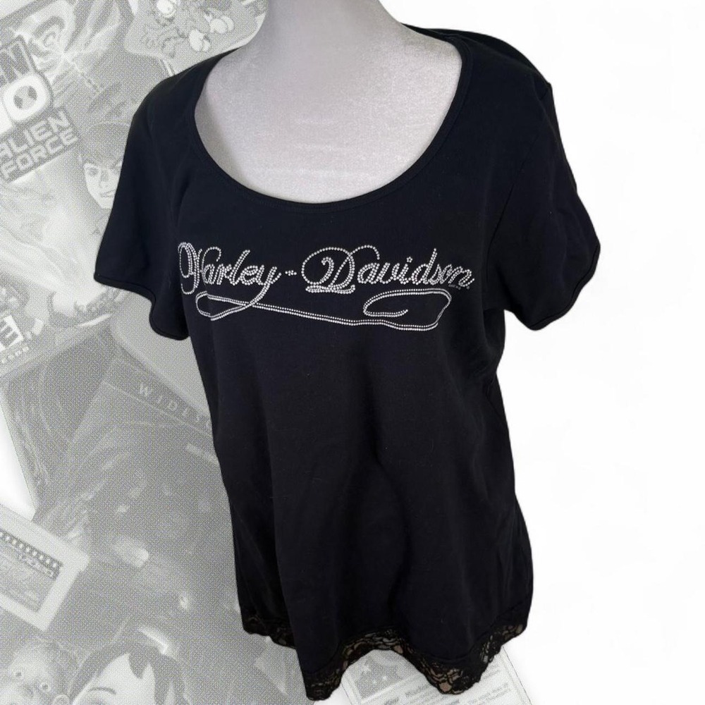 Vintage Y2K Black Rhinestone Harley Davidson Short Sleeve Top W/ Lace